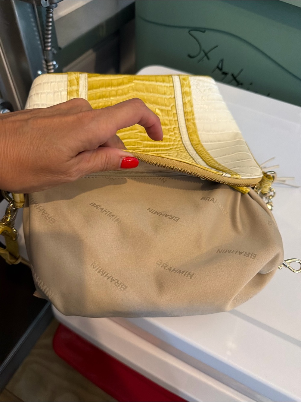 Brahmin Yellow and White Croc-Embossed Crossbody with Tassel - Picture 9 of 10
